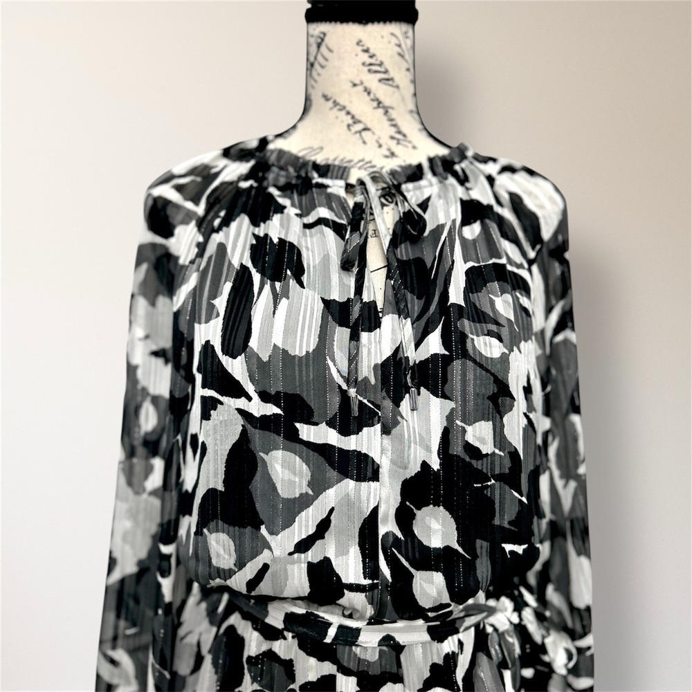 WHBM Black White Chiffon Midi Dress Belted Sheer‎ Sleeve Spring Wedding Guest - Picture 5 of 9